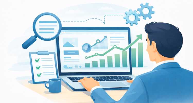 Ilustración vectorial conceptual mostrando un consultor SEO analizando datos. Pantalla con métricas SEO, palabras clave, estructura web y gráficos. Elementos como lupa, checklist y engranajes simbolizando análisis y optimización. Estilo flat design, colores neutros, fondo claro y profesional. Sin texto.