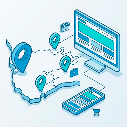 Ilustración de mapa de Cádiz con pines y una web responsive en móvil y ordenador
