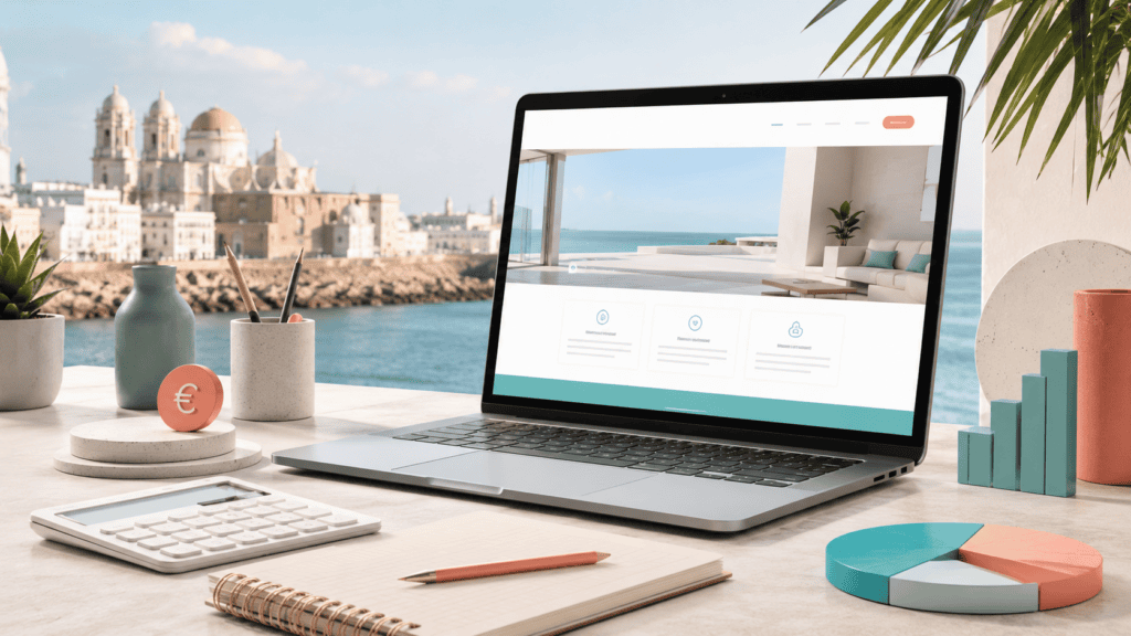 Ordenador con una página web profesional y Cádiz al fondo