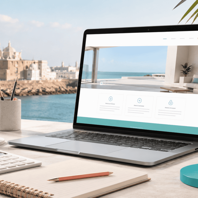Ordenador con una página web profesional y Cádiz al fondo