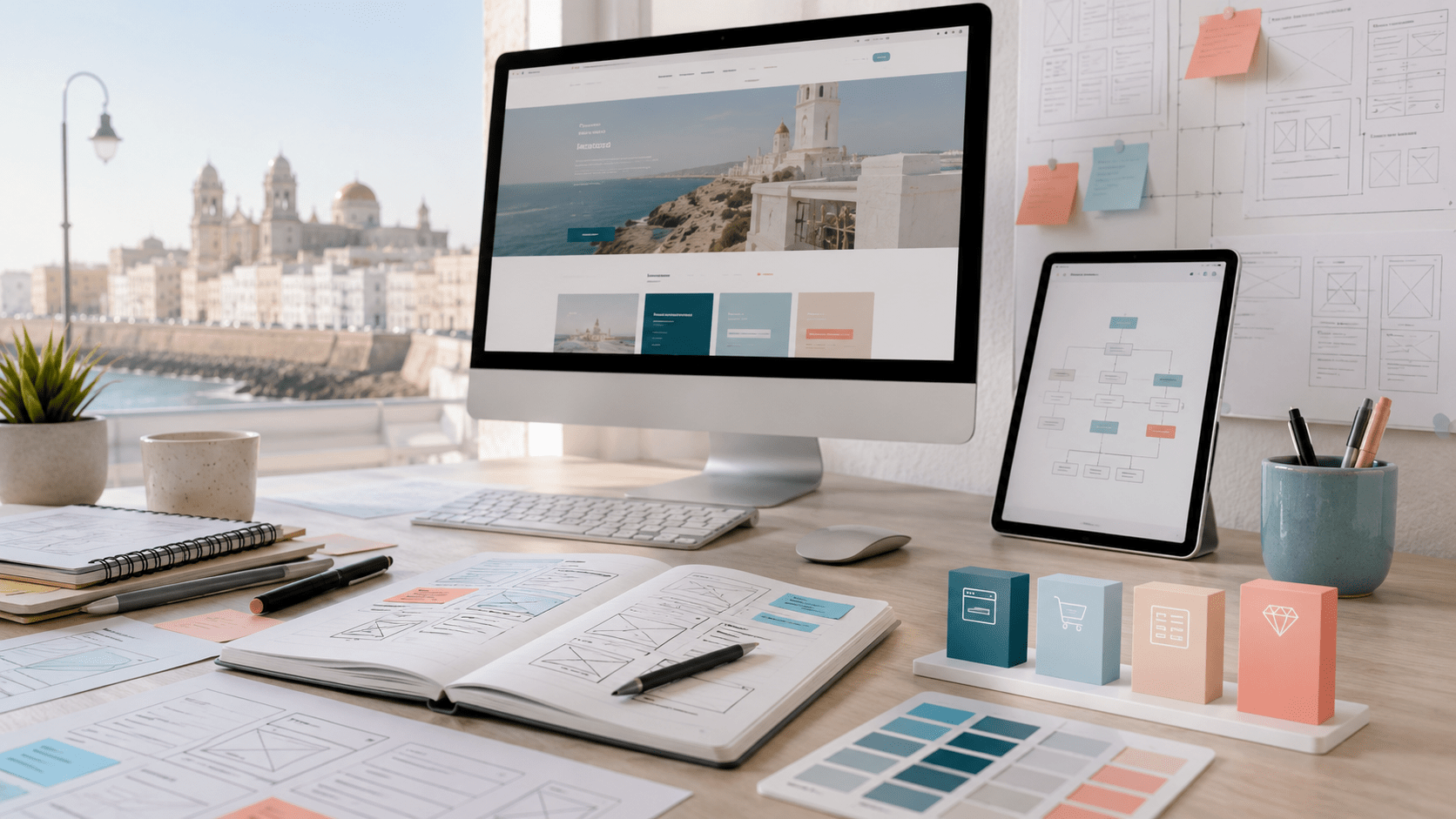 Proceso de diseño web con bocetos y una web profesional en pantalla