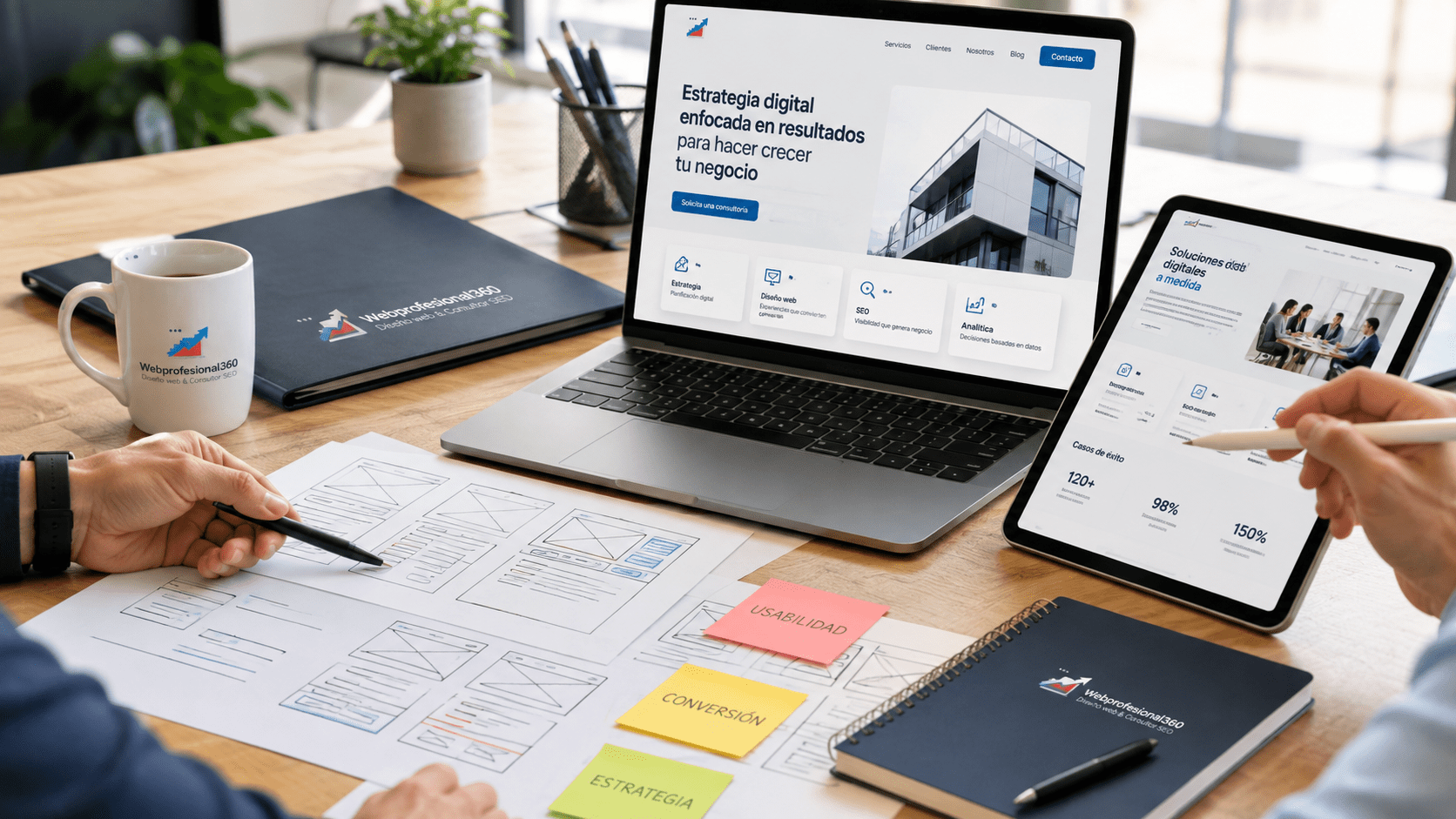 Página web profesional responsive revisada en ordenador tablet y móvil