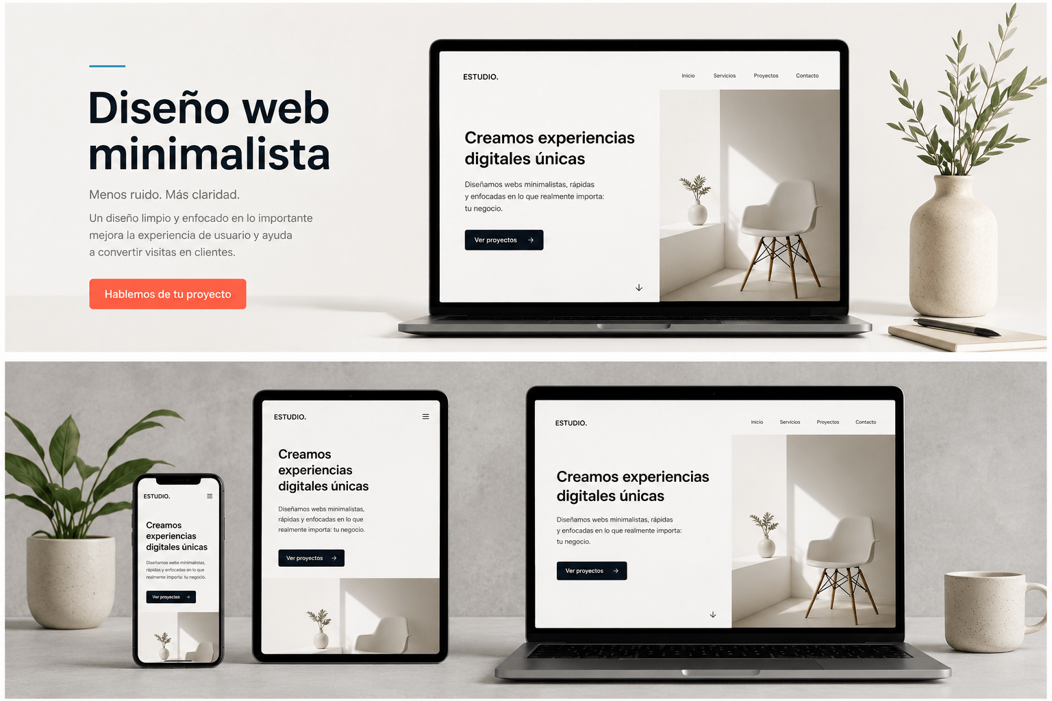 Ejemplo de diseño web minimalista con jerarquía visual clara y espacio en blanco