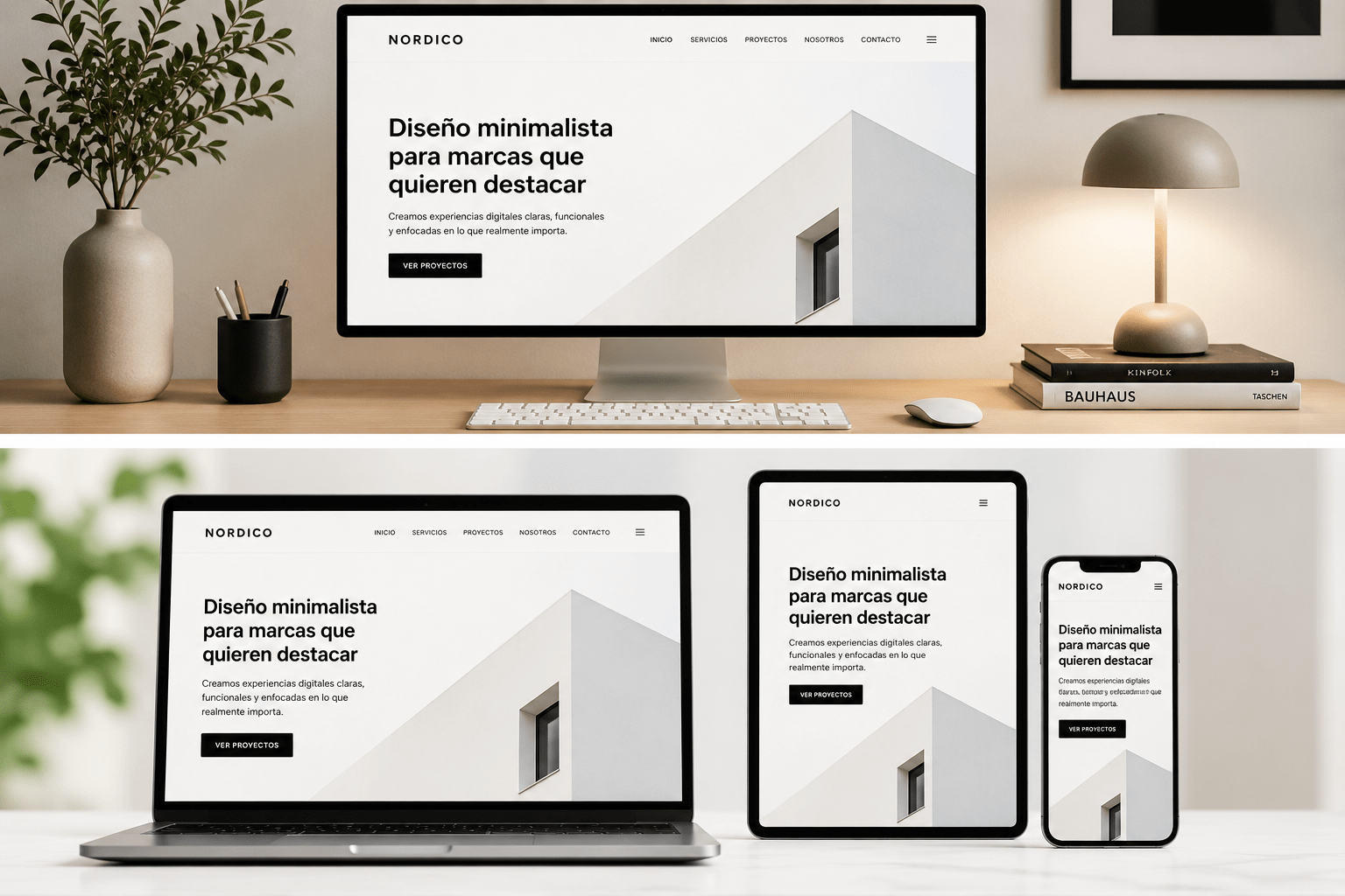 Página web minimalista y responsive en ordenador tablet y móvil