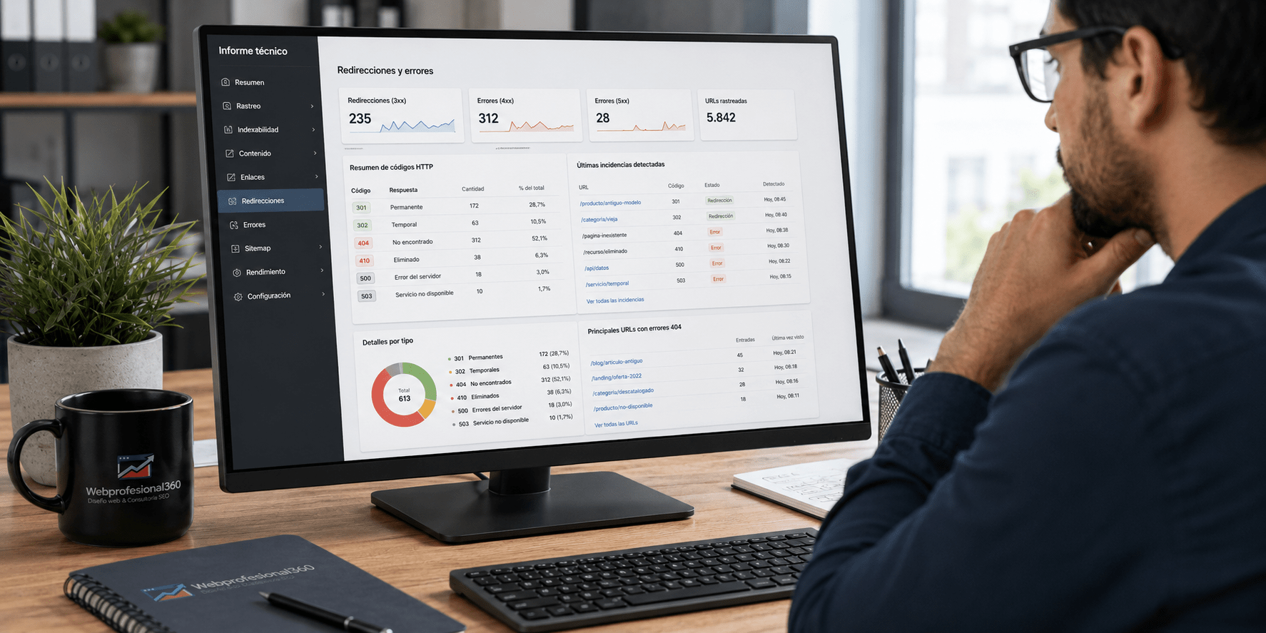 Profesional revisando códigos HTTP y respuestas del servidor durante una auditoría SEO