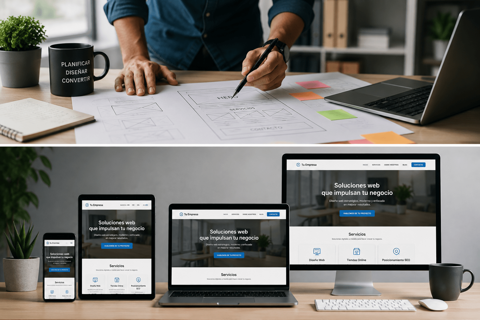 Página web responsive revisada en ordenador tablet y móvil