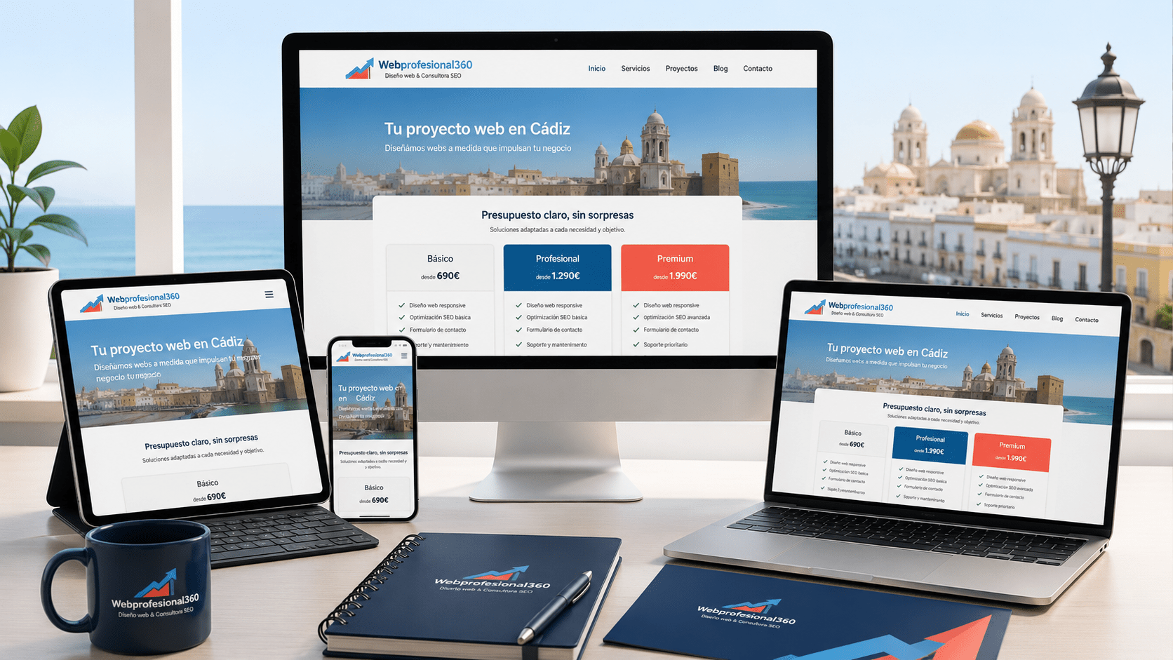 Página web profesional responsive mostrada en ordenador tablet y móvil