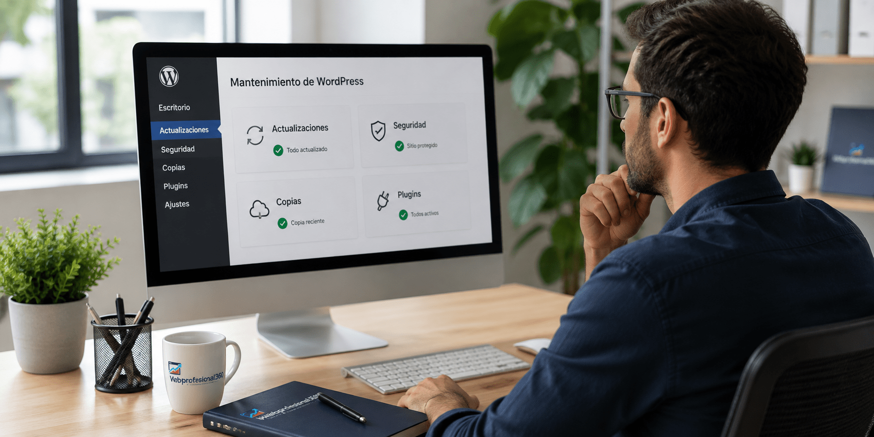 Profesional revisando actualizaciones seguridad y mantenimiento de una web WordPress
