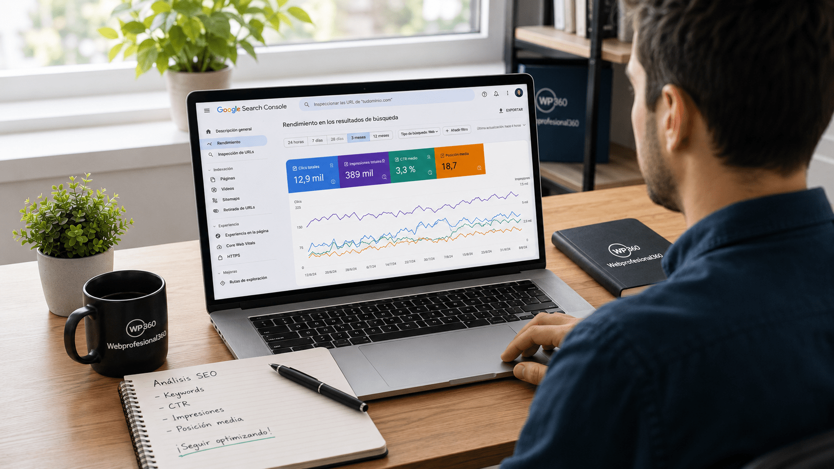Profesional analizando clics impresiones consultas y posiciones SEO en Google Search Console