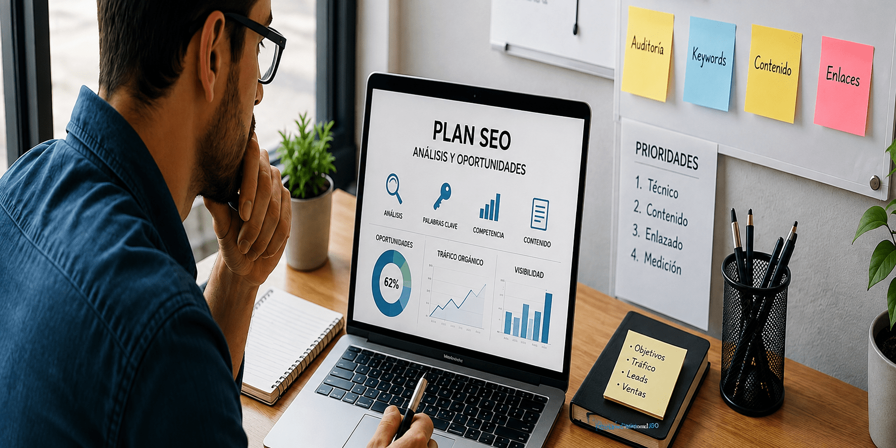 Profesional creando un plan SEO y analizando prioridades de posicionamiento