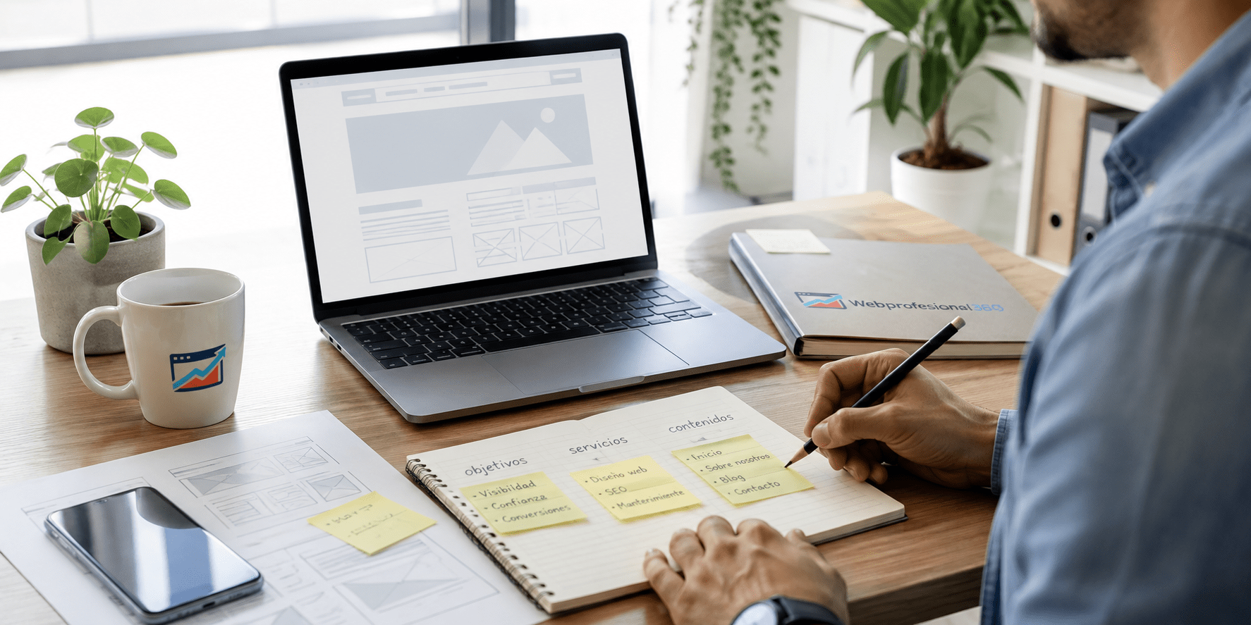 Profesional preparando objetivos servicios y contenidos antes de encargar una página web