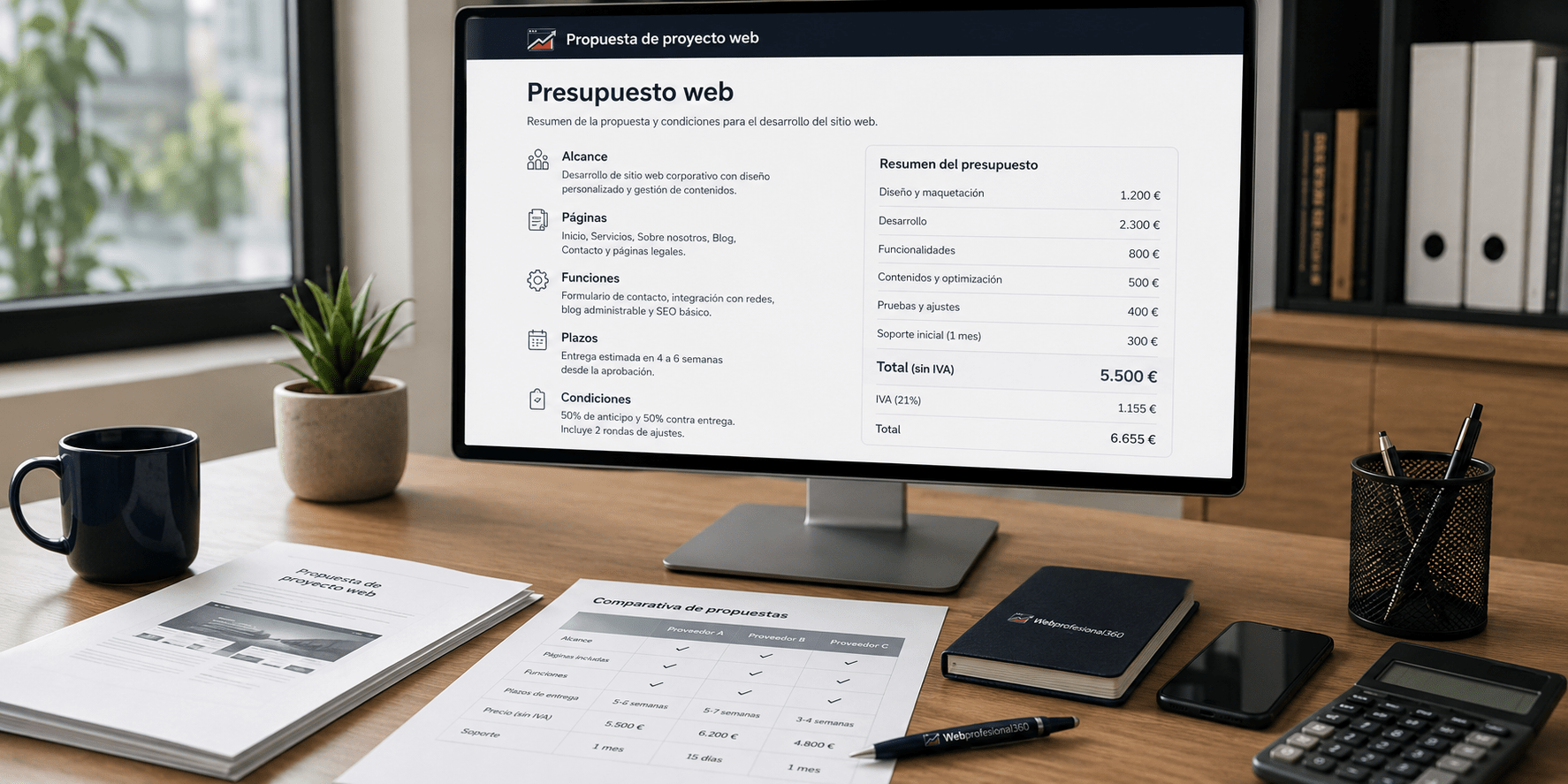 Profesional revisando alcance funcionalidades contenidos y condiciones de un presupuesto de diseño web