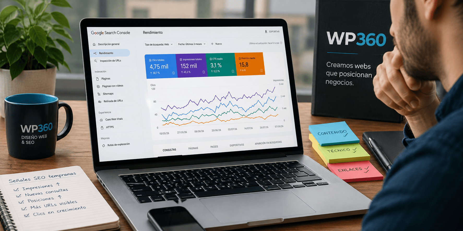 Profesional analizando en Search Console las primeras señales y evolución de una estrategia SEO