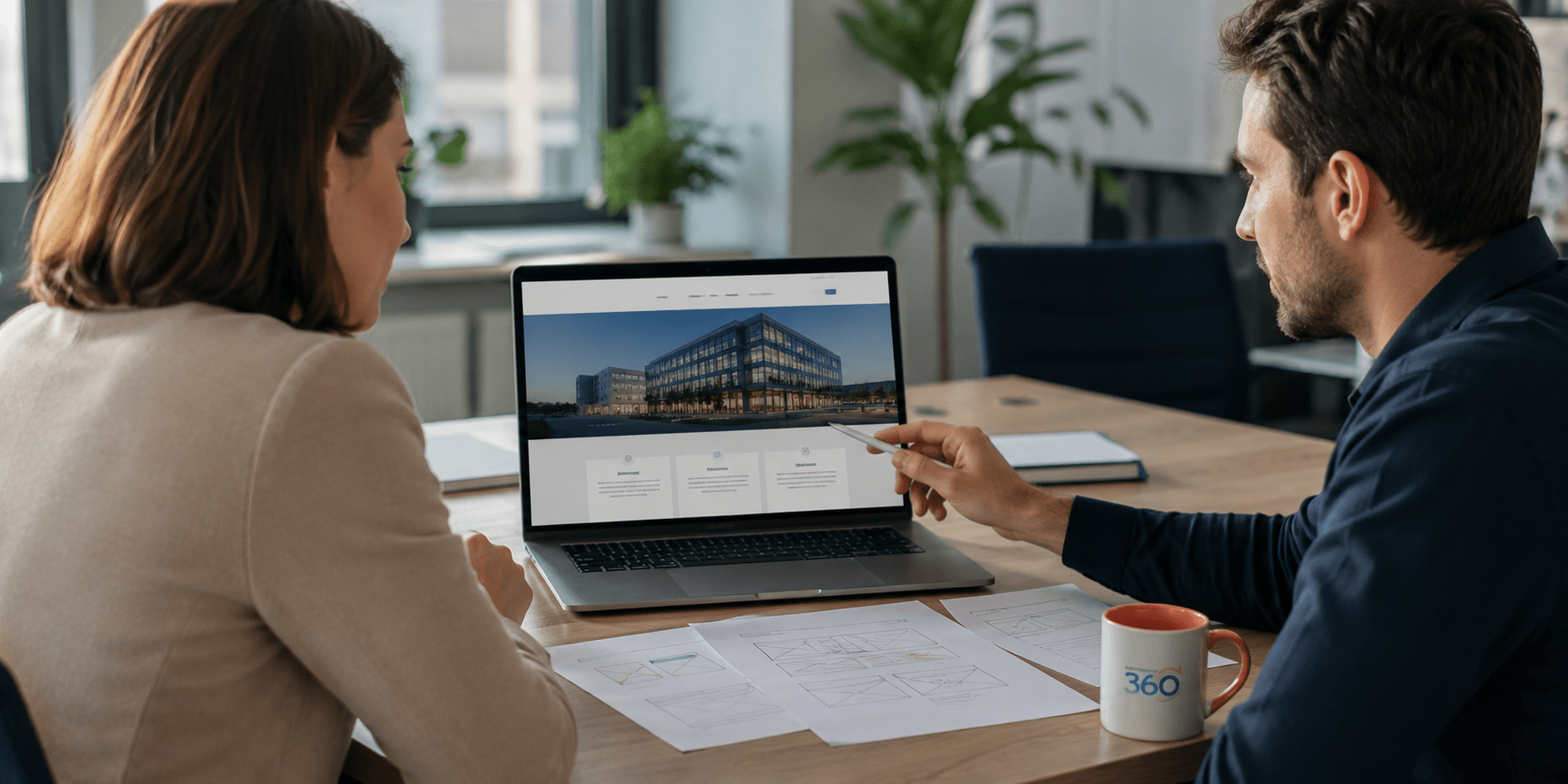 Cliente y diseñador revisando contenidos cambios y plazos durante el desarrollo de una página web