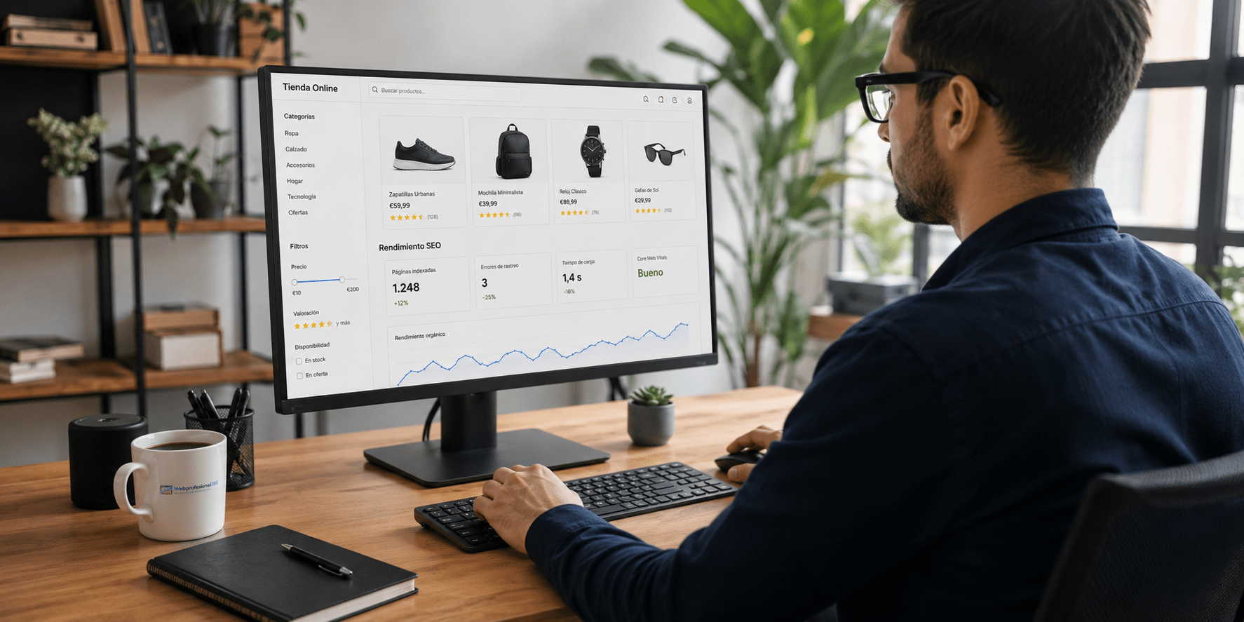 Profesional analizando categorías productos y palabras clave para una estrategia SEO ecommerce