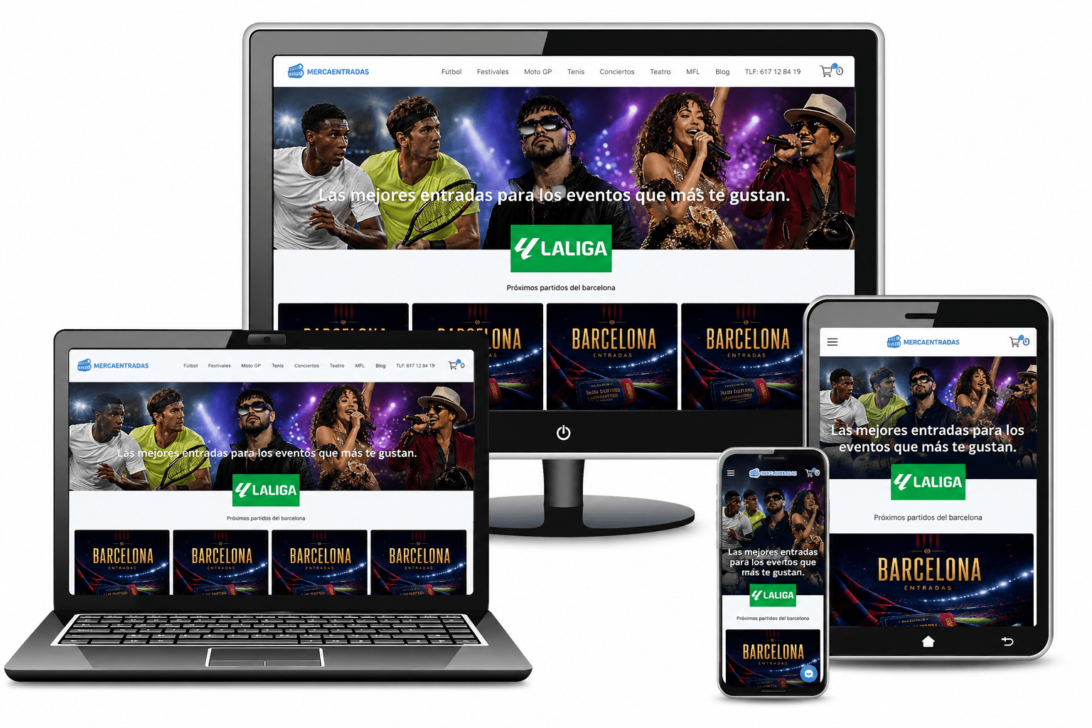 Diseño responsive de la tienda online MercaEntradas en ordenador, portátil, tableta y móvil